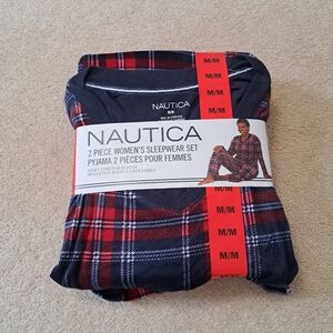 Nautica Women's 2 Piece Fleece Pajama Sleepwear Set Red Navy Blue Plaid Medium